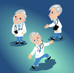 A flat cartoon image of a character of an elderly doctor in a white coat with a phonendoscope, most likely a therapist.