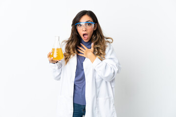 Young scientific woman isolated on white background surprised and shocked while looking right