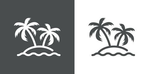 Fototapeta na wymiar Beach holidays. Destino de vacaciones. Icono plano silueta de isla con 2 palmeras y olas con líneas en fondo gris y fondo blanco
