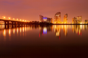 The Southern Bridge across the Dnieper in Kiev, the capital of Ukraine. Blue hour, sunset