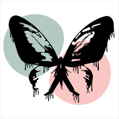 Butterfly silhouette isolated illustration with dripping black paint and abstract shapes on white background. Stencil art design. Style graffiti illustration vector.