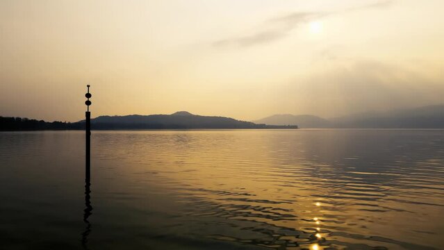 Aerial Drone - Landscape at Sunset on Lake Maggiore - Ispra Italy.