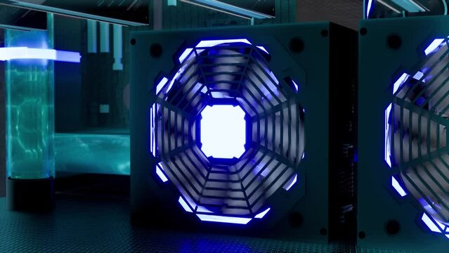 3D animation of mining equipment on stand racks mine cryptocurrency in steel container. Blockchain technology application specific integrated circuit datacenter. Server room lights.