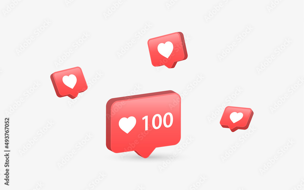 Poster 3d like love icon in modern glossy speech bubble for social media notifications icons - likes heart 