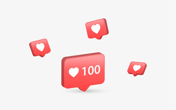 3d like love icon in modern glossy speech bubble for social media notifications icons - likes heart bubbles social network reactions. 100 like speech bubbles background