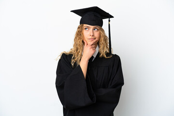 Young university graduate isolated on white background having doubts