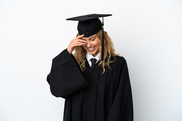 Young university graduate isolated on white background laughing