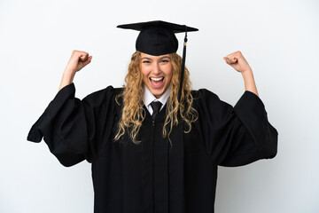 Young university graduate isolated on white background doing strong gesture