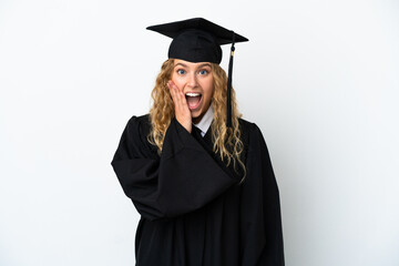 Young university graduate isolated on white background with surprise and shocked facial expression