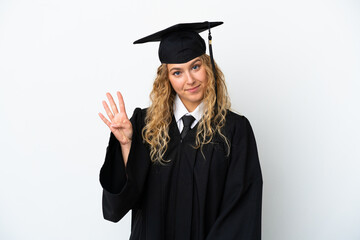 Young university graduate isolated on white background happy and counting four with fingers