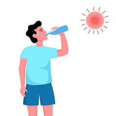 Man suffering from heat and sweaty dehydration from strong sunlight. He drinking water for refreshing in flat design. Hot climate in summer. - obrazy, fototapety, plakaty
