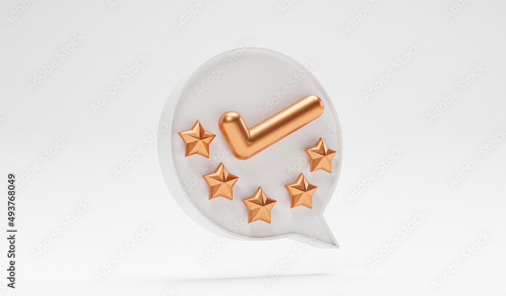 Poster Golden of correct sign with five stars inside message box for best quality assurance guarantee product and ISO service concept by 3d render.