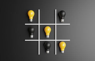 Fototapeta na wymiar O X or tic tac toe game by use realistic yellow and black lightbulb for creative smart thinking for inspiration and innovation concept by 3d render.