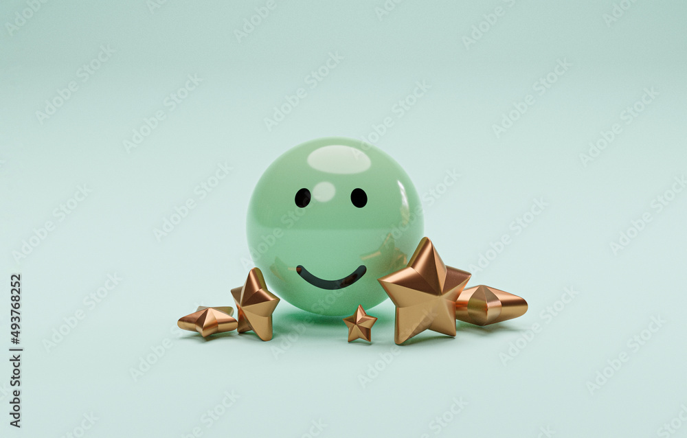 Poster Smile face on green ball with golden five stars for customer or client survey and satisfaction after use product and service  concept by 3d render.