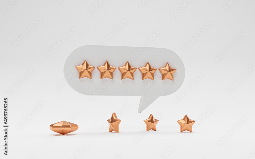 Poster Isolate of golden five stars inside message box , Customer or client feedback system after use product and service by 3d render design for mobile application.