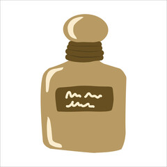 A bottle of gold-colored perfume with a label. Hand-drawn illustration. Vector illustration in a flat style