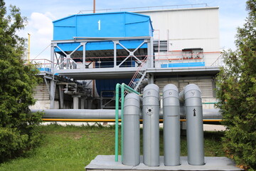 Gas transportation system. Booster pumping station for gas. Gas filling station and gas tanks....