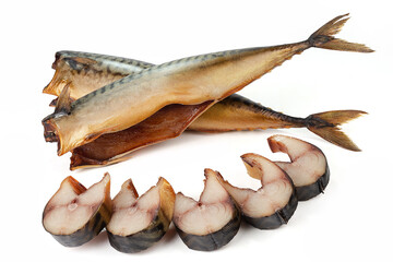 Sliced and whole cold smoked mackerel isolated on white background