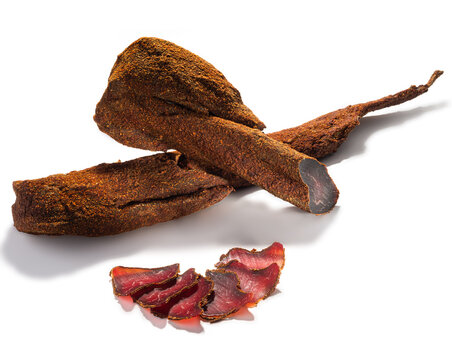 Basturma. Beef cured and spice and delicious dry-cured beef basturma slices on white background. Advertising banner
