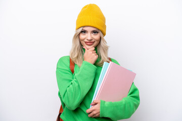 Young Russian student woman isolated on white background thinking