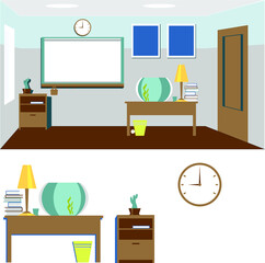 Vector illustration with a view of a classroom with a teacher's table, a blackboard, a clock on the wall and more.