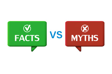 Green and red bubbles with myths versus facts. The concept of thorough fact checking or simple comparison of evidence.