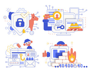 Set vector flat cartoon illustrations. Data protection on the Internet, networks. 