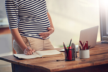 Making sure she knows exactly what needs to be done before maternity leave. Cropped shot of a young pregnant woman writing in her diary while standing in her office.
