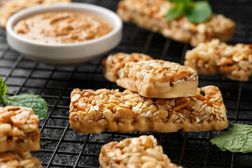 Roasted Peanuts butter Cereal Bars with nuts, oat and honey. Healthy Protein snack