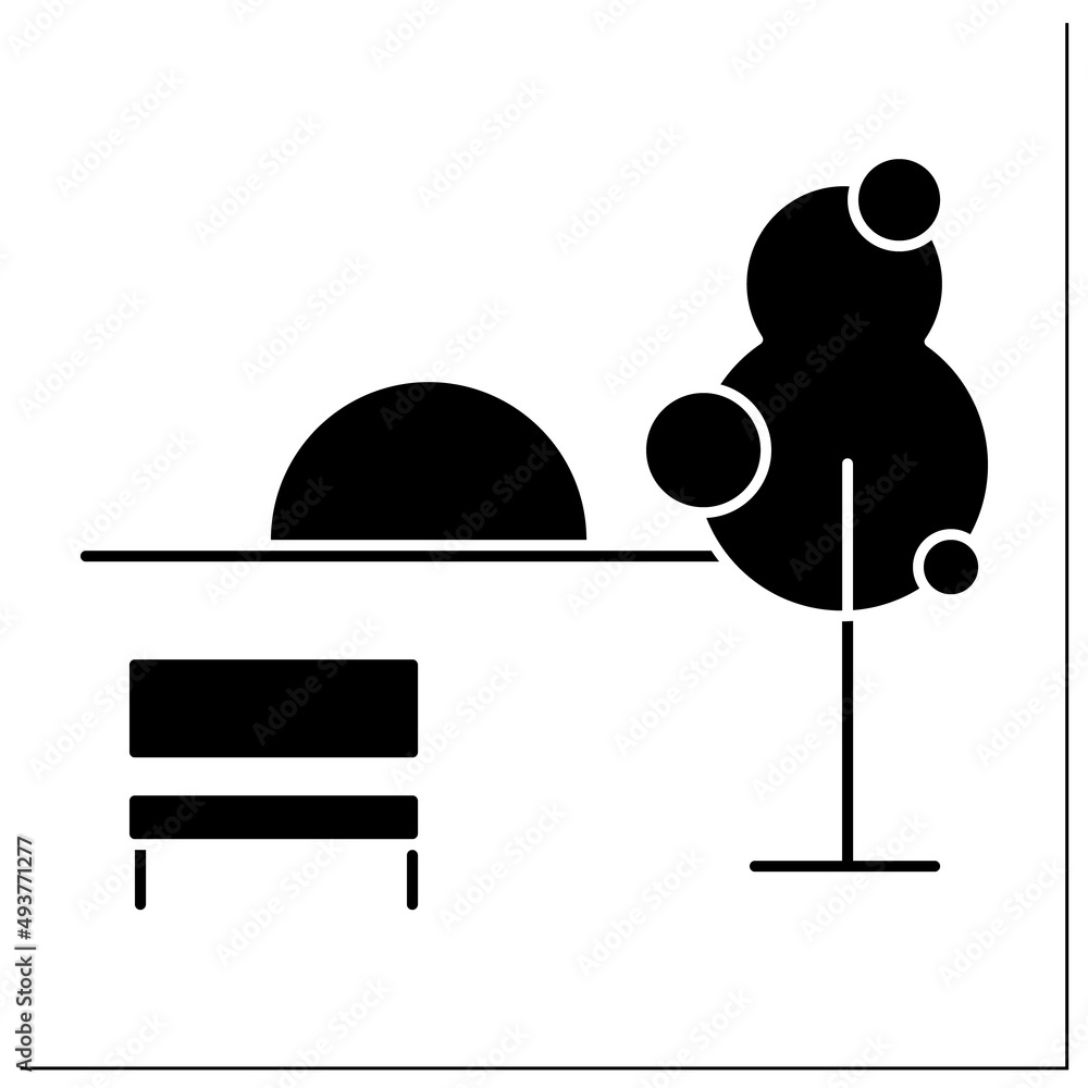 Aufkleber open space glyph icon. public park with a bench to sit. areas open for use for recreation. outline d