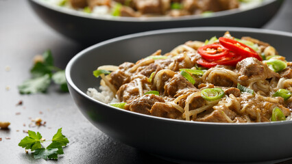 Thai style peanut pork with bean sprouts and rice. Asian food