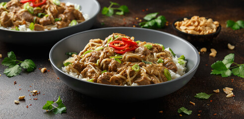 Thai style peanut pork with bean sprouts and rice. Asian food