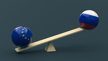 ball in the colors of the national flag of the European Union swings a ball in the colors of the Russian flag against a neutral background. 3D rendering. Design blank. Layout. Policy concept