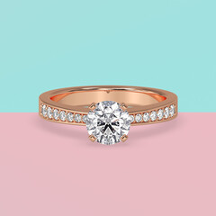 rose gold engagement solitaire ring with side stones on shank 3d render