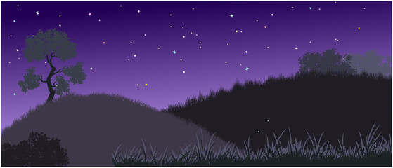 night hills landscape with bright stars on the sky
