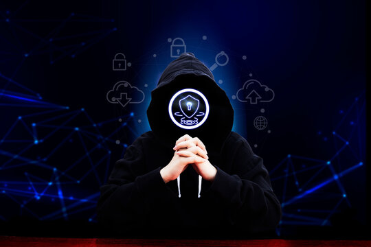 Cyber Attack Hacker with icon key on interface digital dark background. Security System and Internet crime concept.