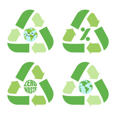 Set of recycling icon. Earth globe, zero waste. Save planet and ecology concept. Protection of ecology and environment. Vector flat cartoon illustration
