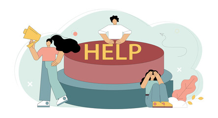 Help concept. Little people click on the Help button. Vector illustration isolated on white background.