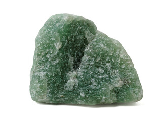Green mineral aventurine stone crystal isolated on white background. Raw natural unpolished rock.