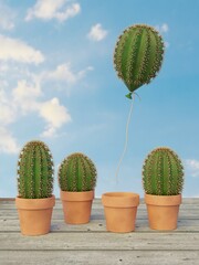 cactus escaping a flowerpot as a balloon 3D-illustration