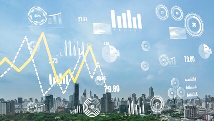 Business data analytic interface fly over smart city showing alteration future of business intelligence. Computer software and artificial intelligence are used to analyze big data for strategic plan .