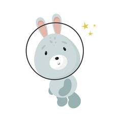 Cute Rabbit in the space. Cartoon style. Vector illustration. For kids stuff, card, posters, banners, children books, printing on the pack, printing on clothes, fabric, wallpaper, textile or dishes.