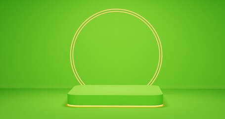 One  Empty green round corner cube podium with gold border and gold circle on green  background. Abstract minimal studio 3d geometric shape object