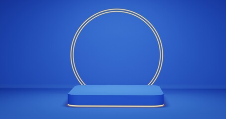 One Empty blue round corner cube podium with gold border and gold circle on blue background. Abstract minimal studio 3d geometric shape object