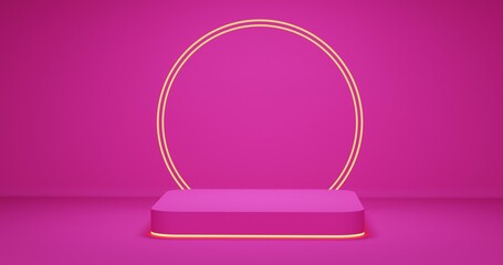One  Empty pink round corner cube podium with gold border and gold circle on pink background. Abstract minimal studio 3d geometric shape object
