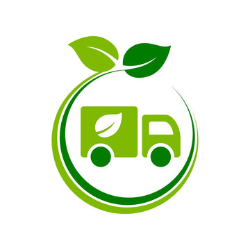 Truck with a leaf icon. Green eco truck inside circle with leaves. Environmental friendly cargo transportation. Carbon neutral shipping logistics. Electric vehicle. Vector illustration, flat, clip art