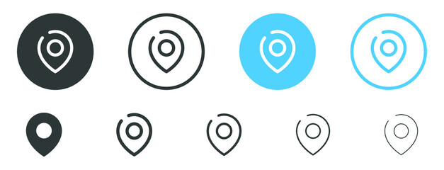 Location pin icon, map pointer marker symbol, gps map pin icon button in filled, thin line, outline and stroke style for apps and website	
