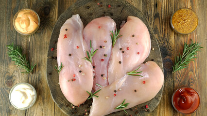 Fresh raw chicken breast fillets sprinkled with peppercorns, rosemary and sauces, on round wooden board. - 493775273