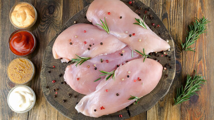 Fresh raw chicken breast fillets sprinkled with peppercorns, rosemary and sauces, on round wooden board. - 493775275