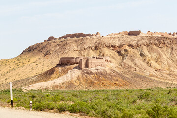 View at the Ayaz Kala desert castle in the Kyzylkum Desert in Northern Uzbekistan, Central Asia